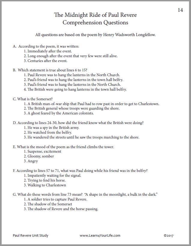 Paul Revere Poem Reading Comprehension Questions