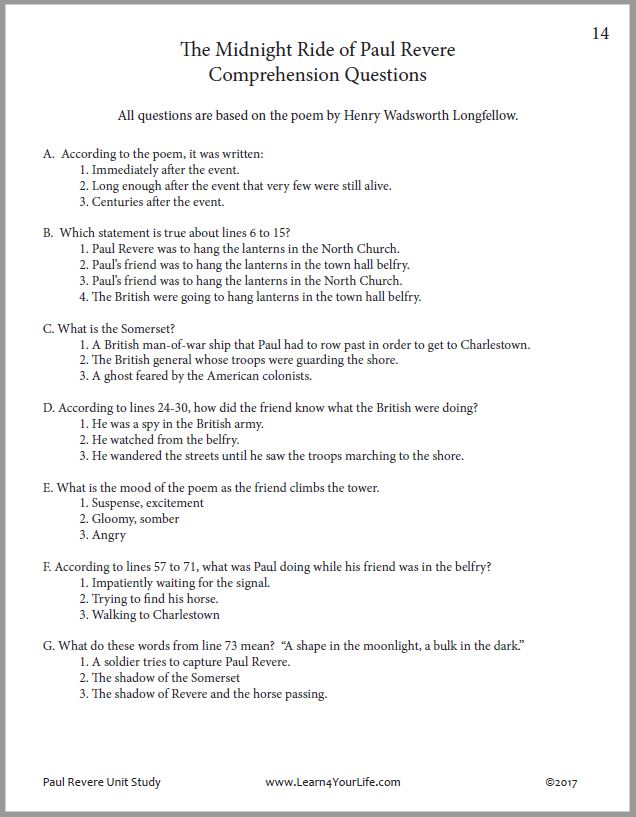 Paul Revere Poem Reading Comprehension Questions