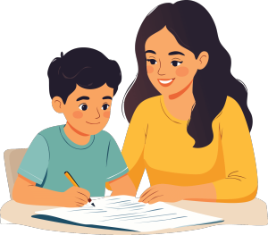 mother and boy writing together