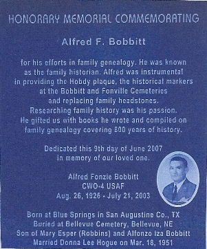 Alfred F. Bobbitt memorial plaque