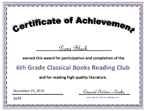 6th grade book club certificate