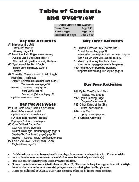 Bald Eagle Lesson Plan List
