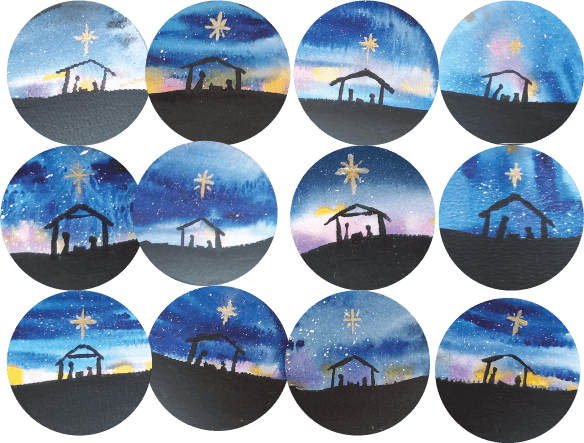 Christmas Tree Watercolor Nativity Ornaments