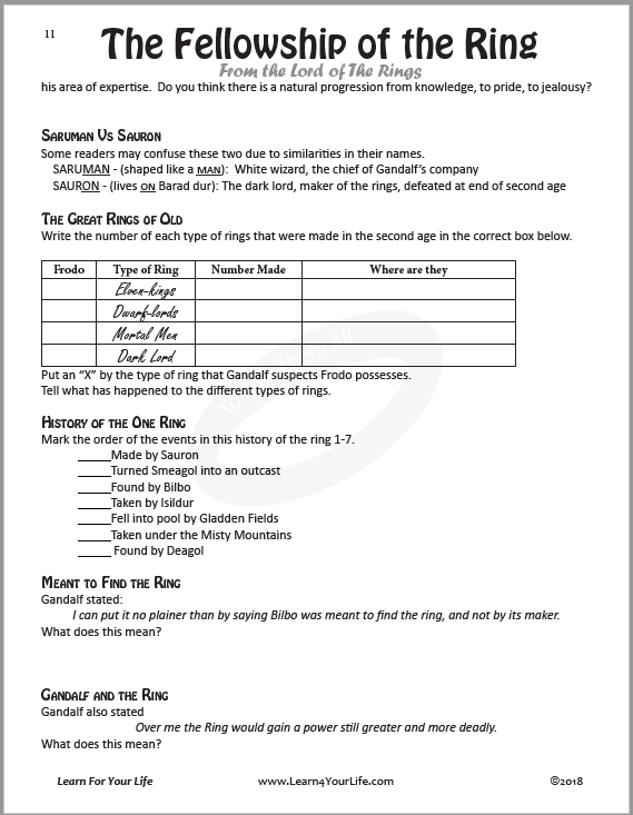 Fellowship of the Ring Worksheet