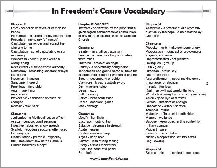 In Freedoms Cause Vocabulary Bookmarks