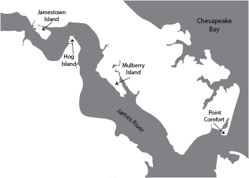 Jamestown, Hog Island, Mulberry Island, Point Comfort