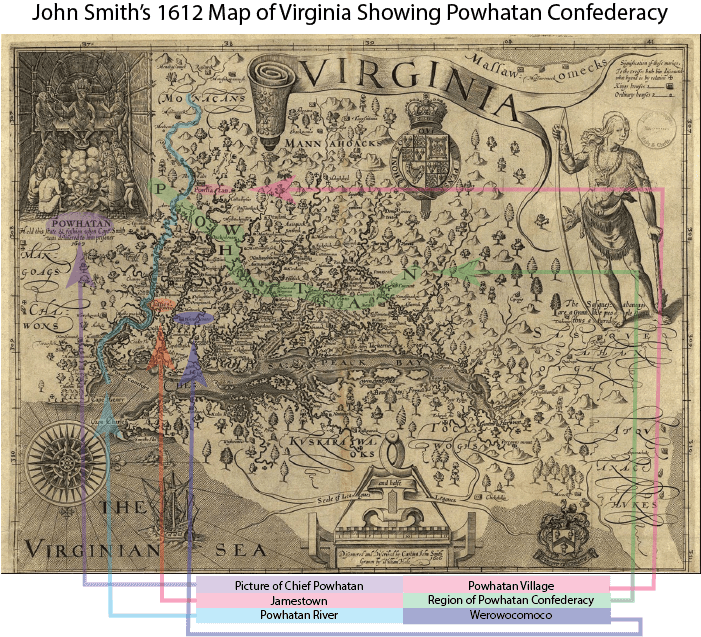 Map of Powhatan 1612 Virginia