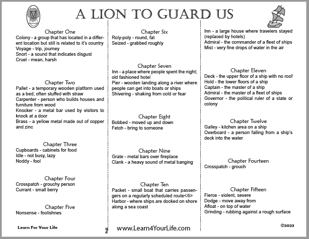 Lion To Guard Us Vocabulary List