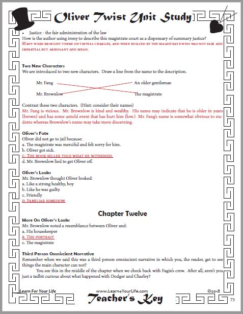 Oliver Twist Teachers Answer Key Page