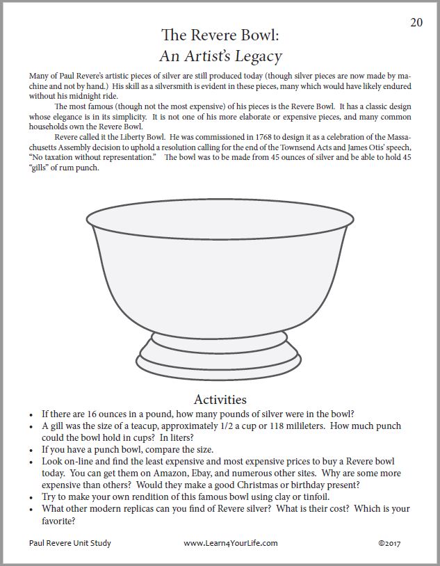 Paul Revere Liberty Bowl Activity Page