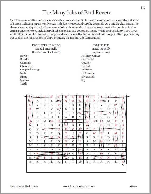 Paul Revere Word Search Printables