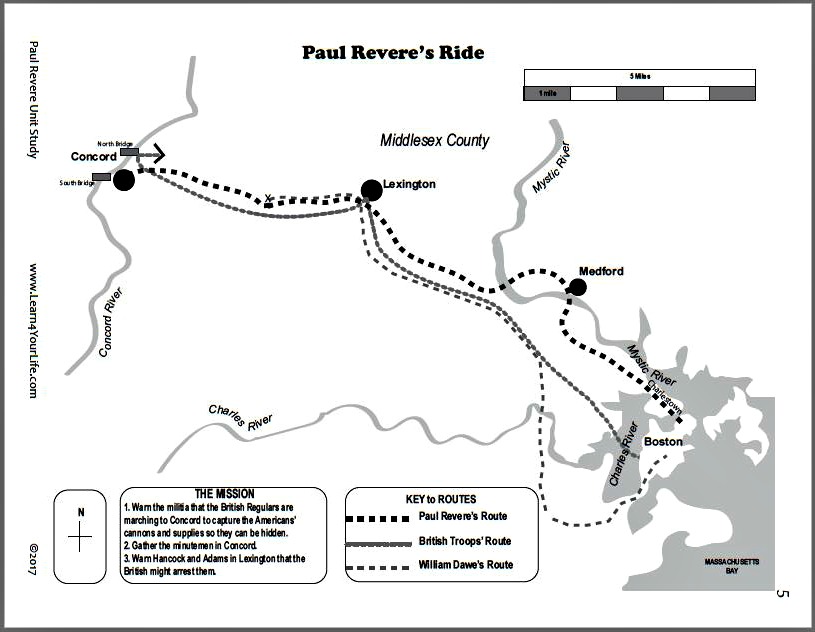 Map of Paul Revere's Ride - black and white