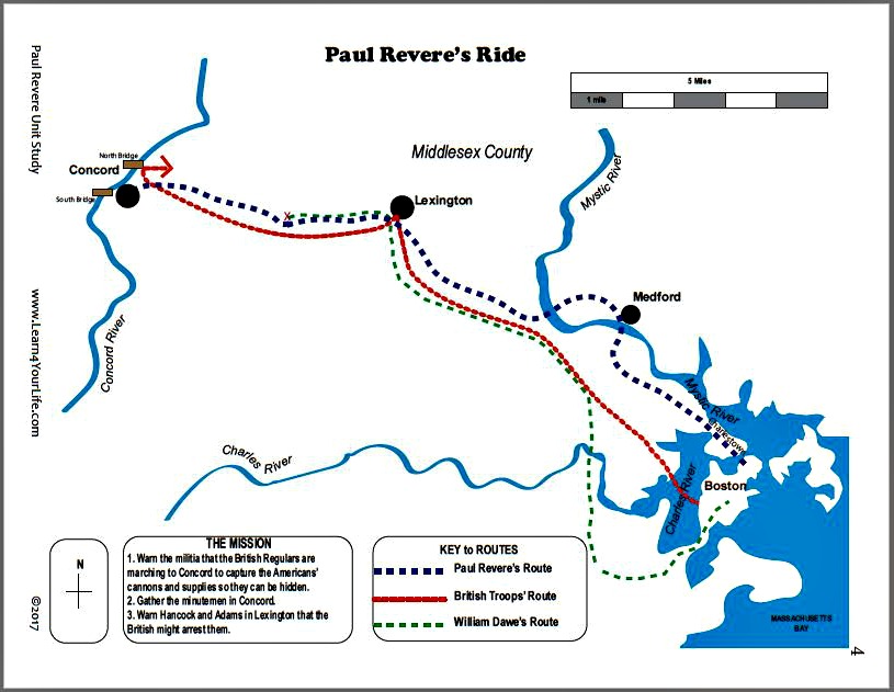 Paul Reveres Ride Map Color