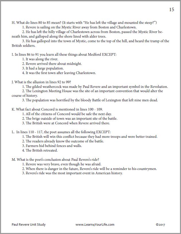 Paul Reveres Poem Reading Comprehension Worksheet