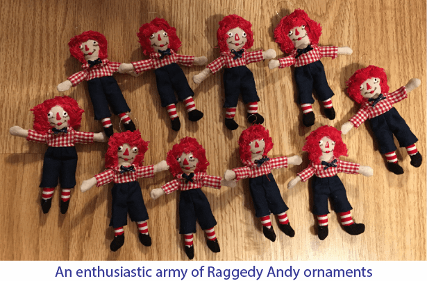 hand sewn Raggedy Andy Christmas Tree ornaments