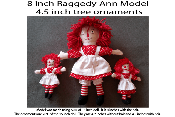 8 inch Raggedy Ann doll and 4 1/2 inch Raggedy Ann ornament