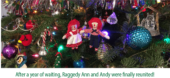 Raggedy Ann and Raggedy Andy Home Sewn Christmas Tree Ornaments