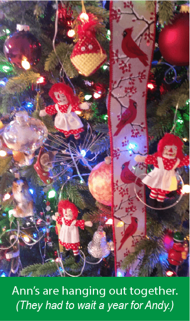 Raggedy Ann ornaments on the Christmas Tree