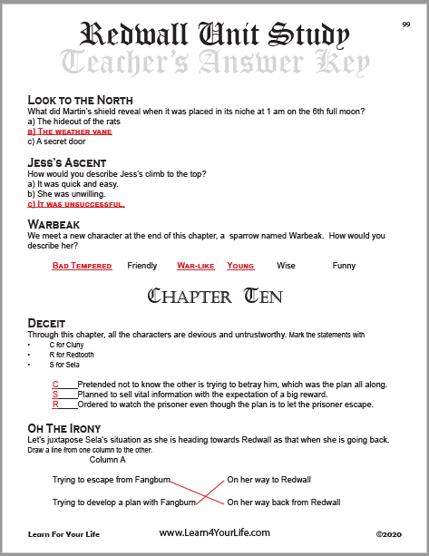 Redwall Teacher Answer Key