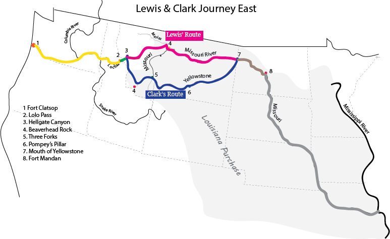 Map of Lewis & Clark and Sacagawea Journey East