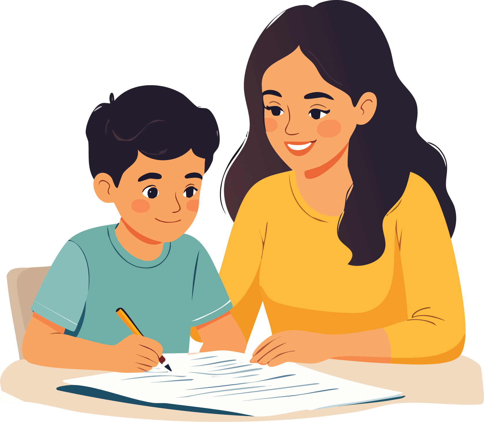 mother and son writing at a table