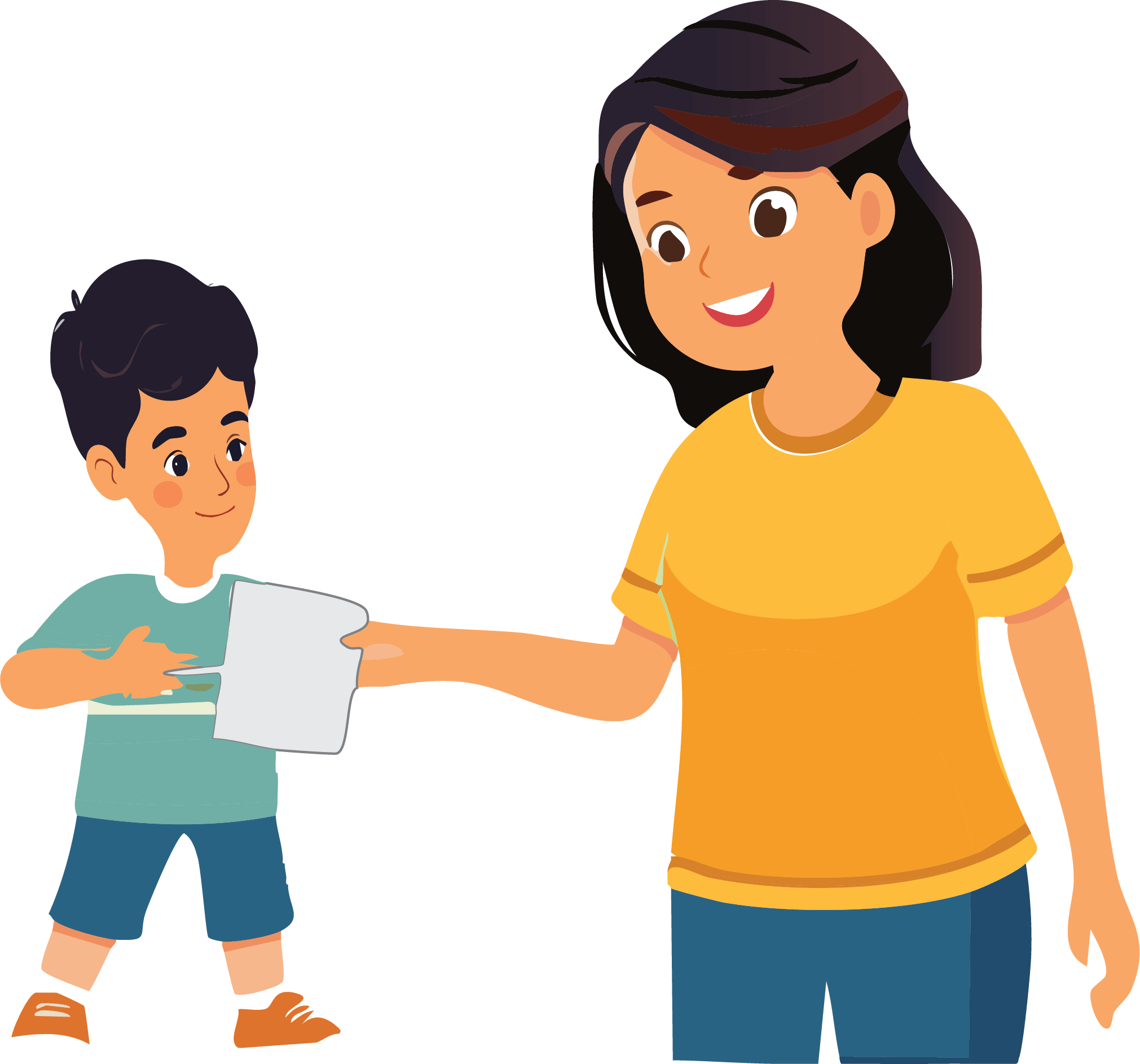 boy hands paper to mother