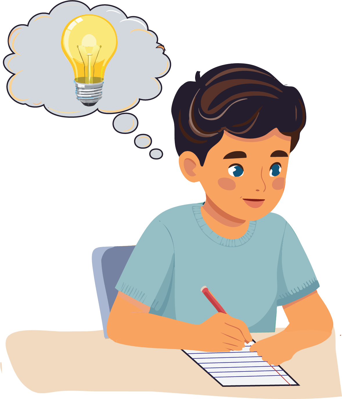 boy writing at desk, thinking of an idea