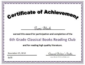6th grade book club certificate
