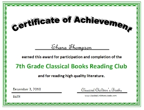 7th grade book club certificate